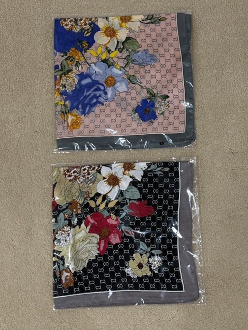 Floral Square Silk Like Scarves - Pink & Black